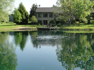 A clean pond with a small dock and aeration