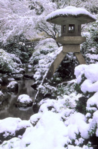 snowscene with stone lantern near pond