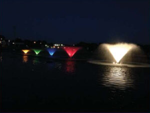 Kasco VFX aerating pond fountains can be equipped with various LED light kits